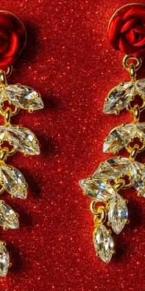 Luxury Rose & Crystal Drop Earrings – Red Rose Studs with Gold Leaf‑Shaped Crystal Tiers