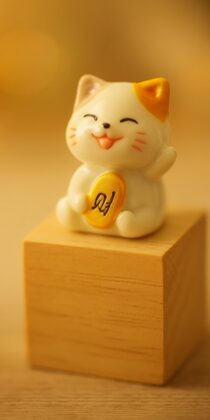Japanese Cute Lucky Cat Maneki Neko Gold Charm Statue With Wooden Platform