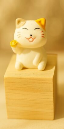 Japanese Cute Lucky Cat Maneki Neko Gold Palm Statue With Wooden Platform