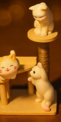 Japanese Three Cats And Wooden Showpiece