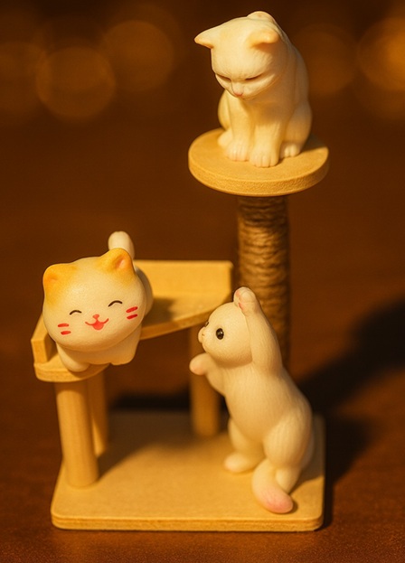 Japanese Three Cats And Wooden Showpiece