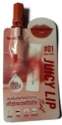 Merrez’ca Juicy Lip Tint #01 Coral Peach – Lightweight Glossy Serum Tint