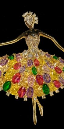 Pure Silver Gold Plated Multicolor Crystal Rhinestone Diamond Ballerina Lady Brooch