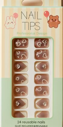 Professional Design Nail Tips – Brown Heart & Rhinestone Press‑On Set (24 Reusable Nails)